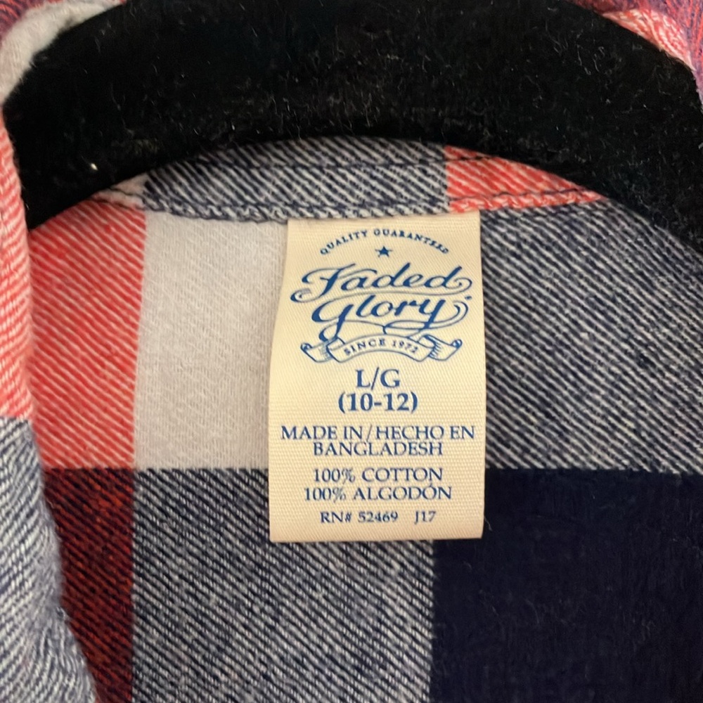 Faded Glory red white and blue flannel shirt size large 10/12‎ - Picture 2 of 4